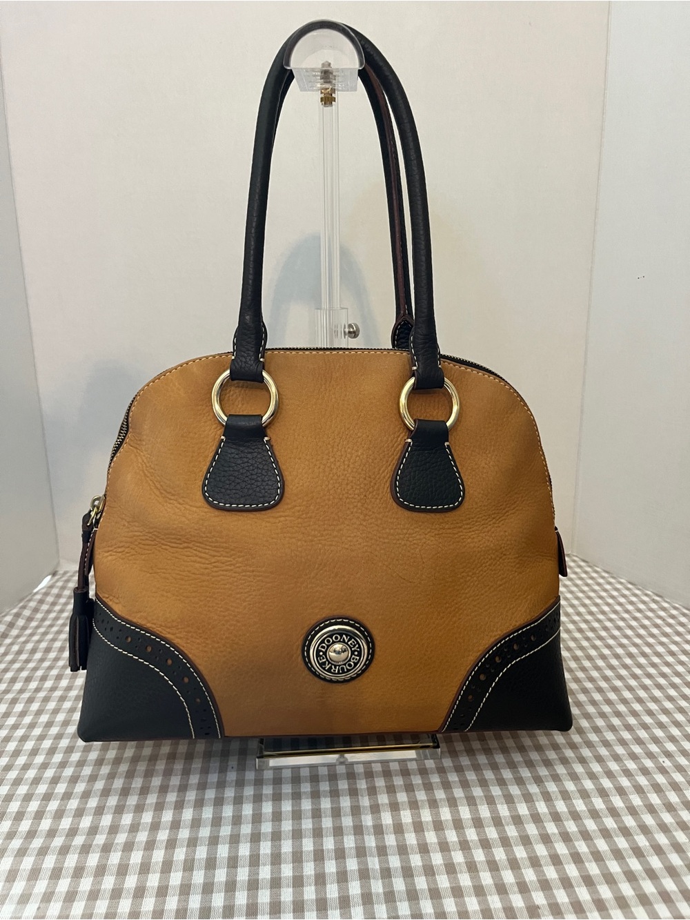 VTG Dooney & Bourke Satchel Bag, Camel Nubuck, Brown Leather, Gold Hardware